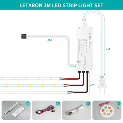 Đèn LED Dải LETARON COB 24V, Đèn LED Dải, 480 chip/mét LED, Siêu Sáng Độ Sáng Cao 6000K Trắng 3m, Có thể điều chỉnh độ sáng với Băng dính 3M, Nguồn 30W UL, CÔNG TẮC CẢM ỨNG cho Phòng ngủ, Nhà, Tự làm Bếp